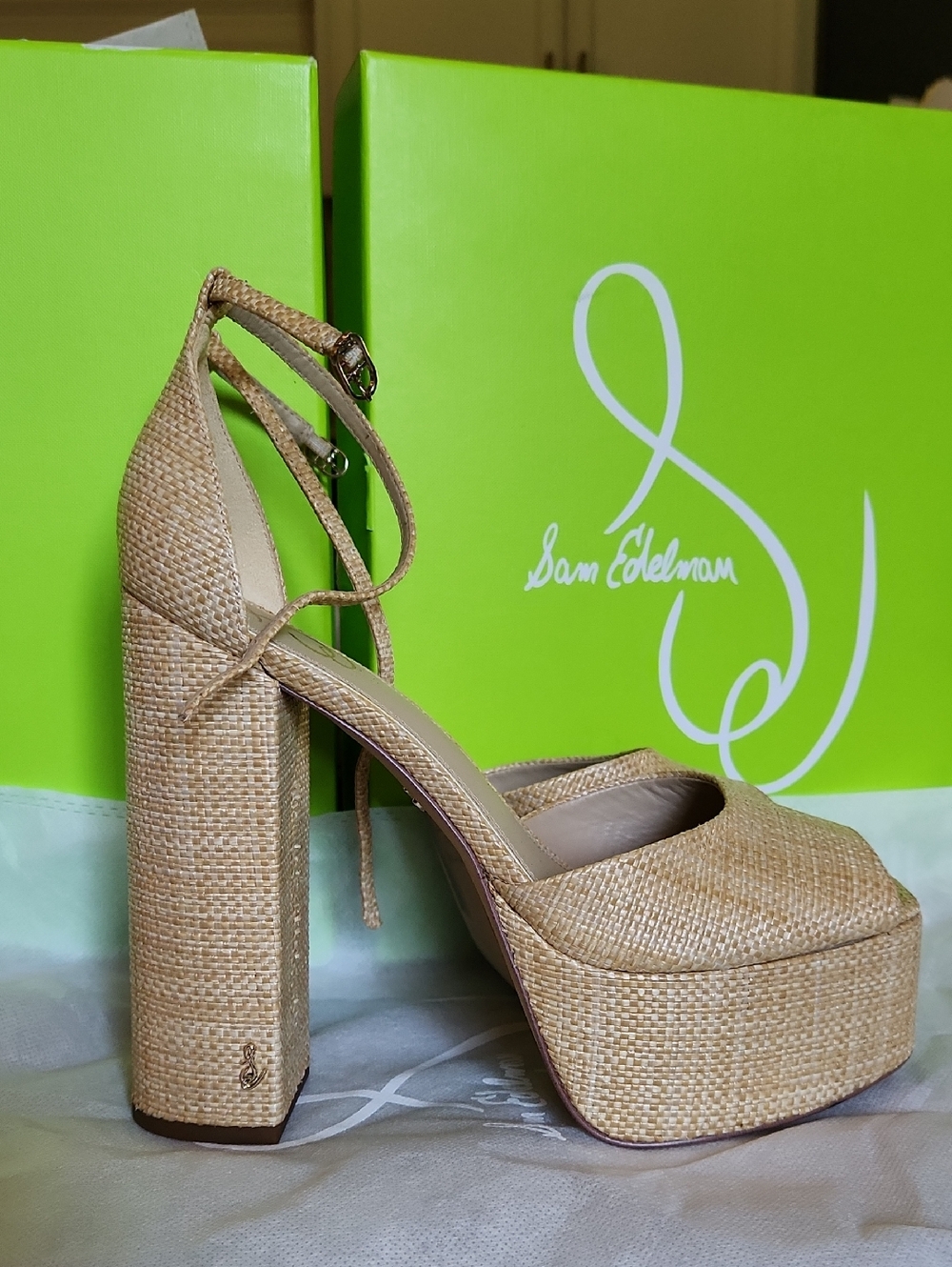 Sam Edelman Tan Woven Platform Heels with Ankle Tie